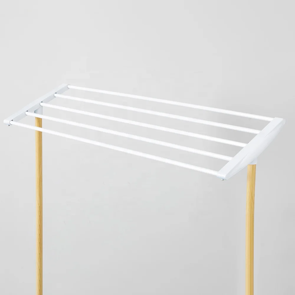 BAOYOUNI Metal Rolling Towel Rack Clothes Drying Stand Blanket Pants Laundry Rack 5 Bars Hanging Rod On Wheels (White+Brown)