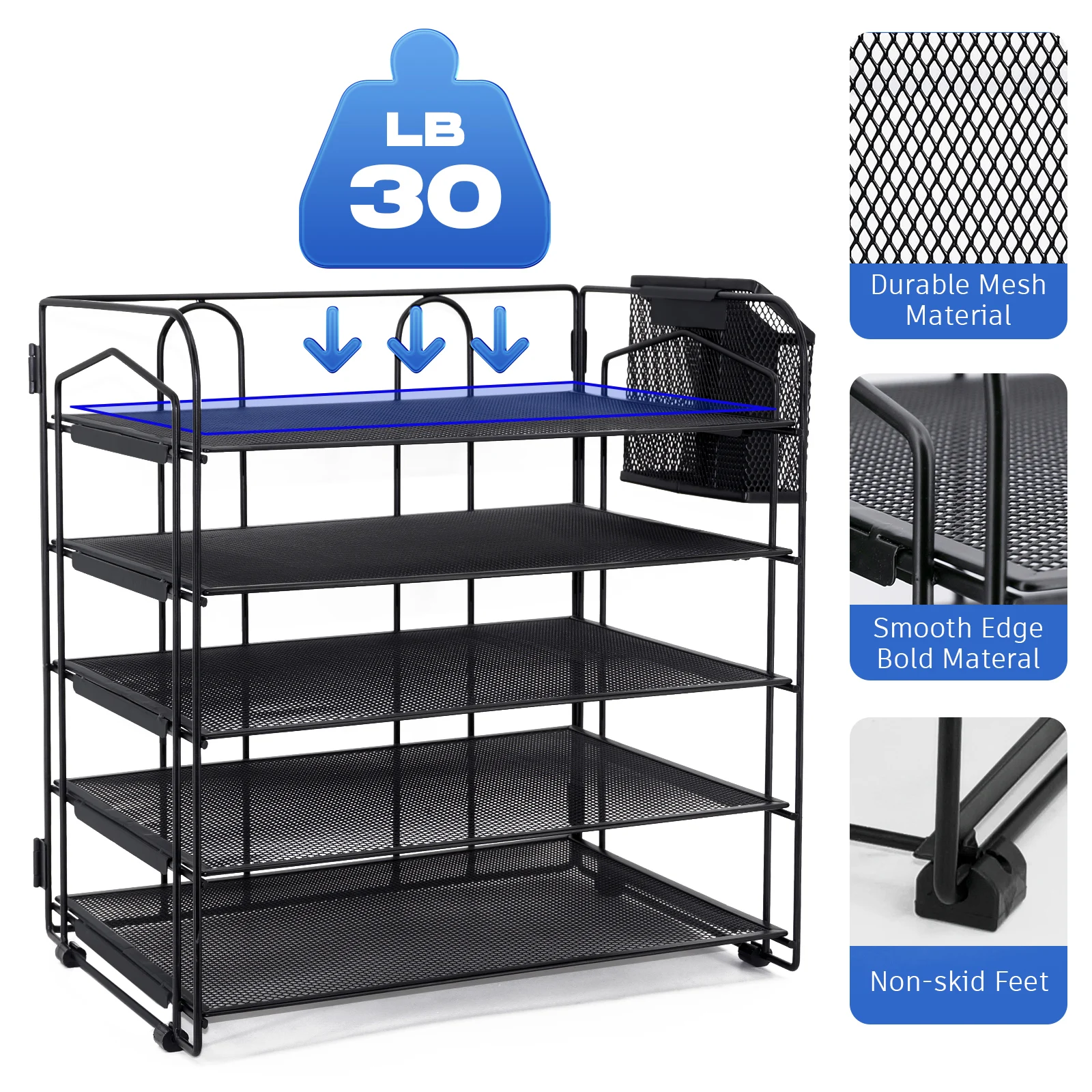 Metal 5  Tier Paper  Letter Tray  Organizer with Pen Holder and Extra pack 6 Colored Plastic  File folders,Desk Organizer Black