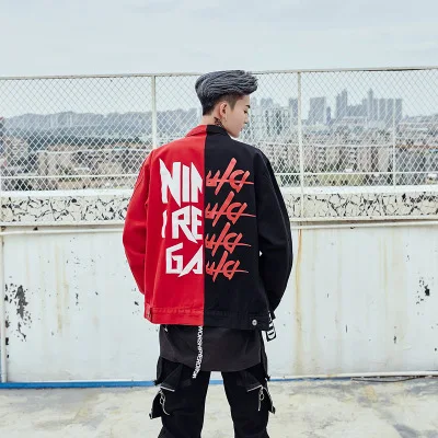 Wholesale Sherpa Selvedge Painted Patchwork two tone Jean Red Denim Jacket In Bulk