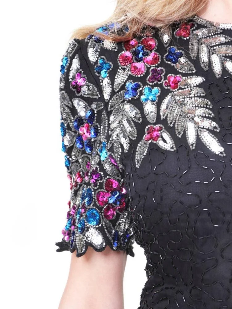 Shiny Black floral Sequins handmade short Dress