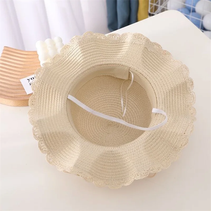 wide brim Summer children Beach Sun Hat baby Girl lace and pearl Bucket Straw Hat and bag set beautiful outdoor travel hat kids