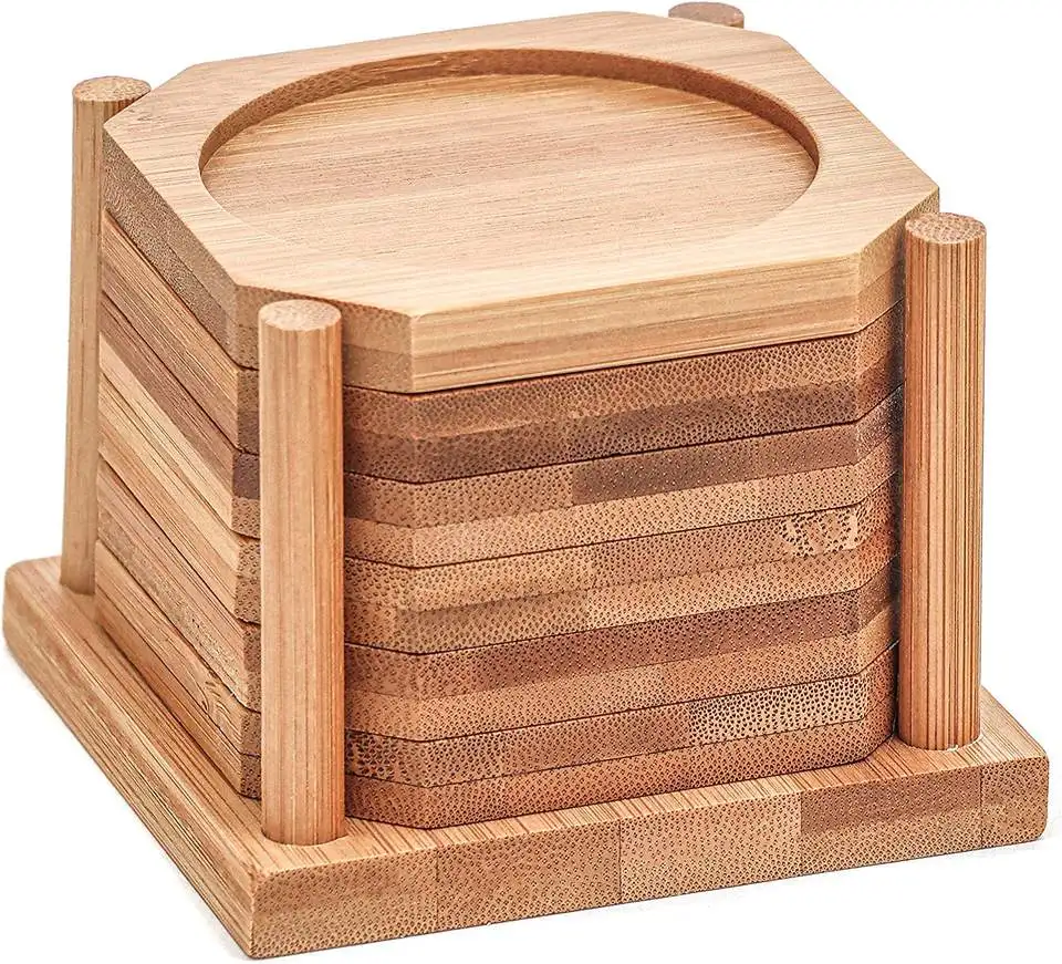 Natural bamboo coasters set with holder, heat resistant lightweight coasters, table, plate, drink, tea coaster