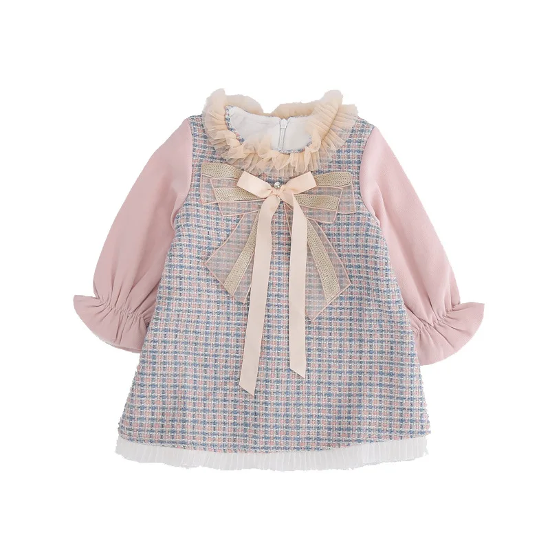 
2020 New winter classy kids clothing little girl Long sleeves lattice toddler Cotton bow lattice party dresses girl 