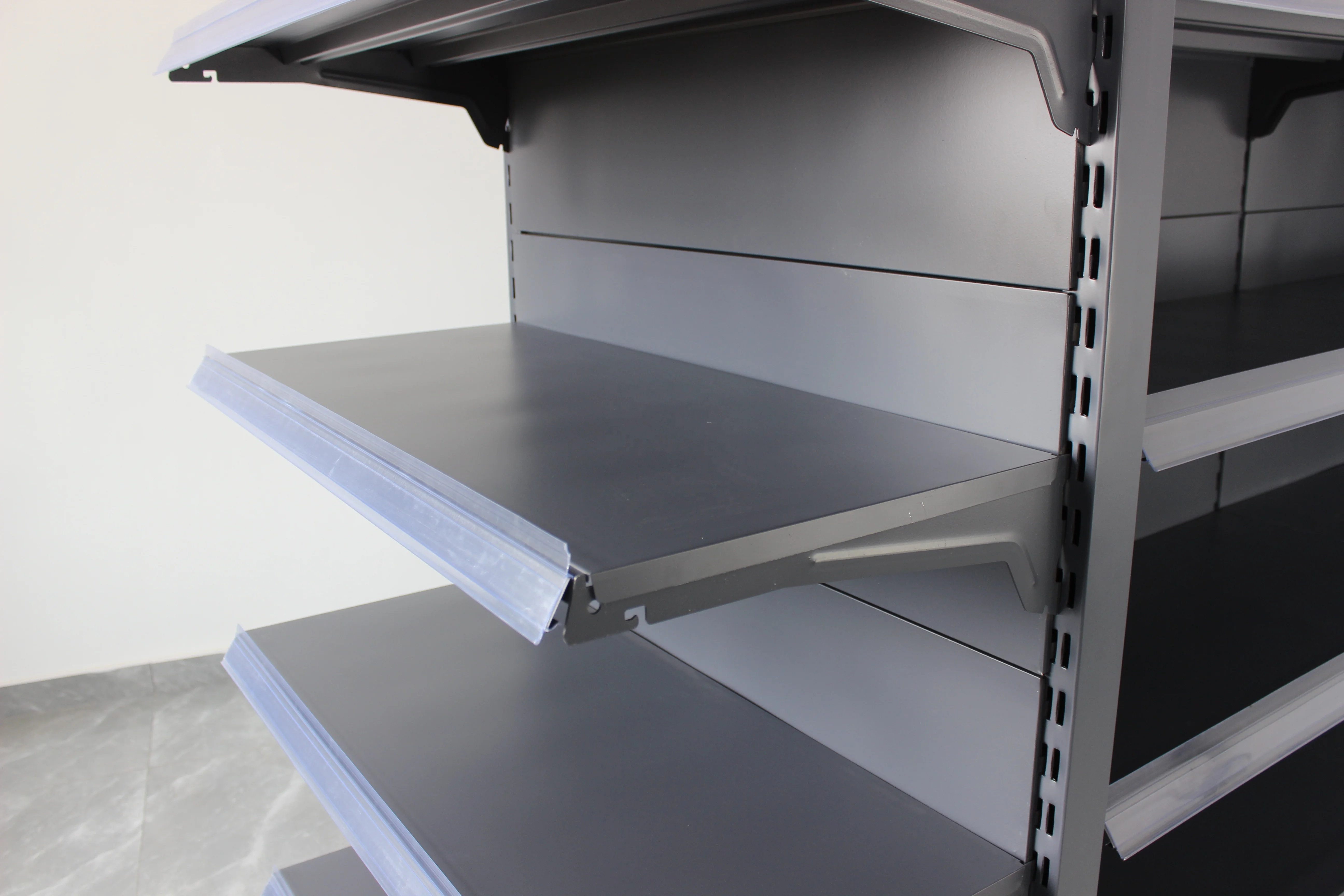 different size Gondola shelving for supermarket Dark Grey Convenience Store Goods Display Rack