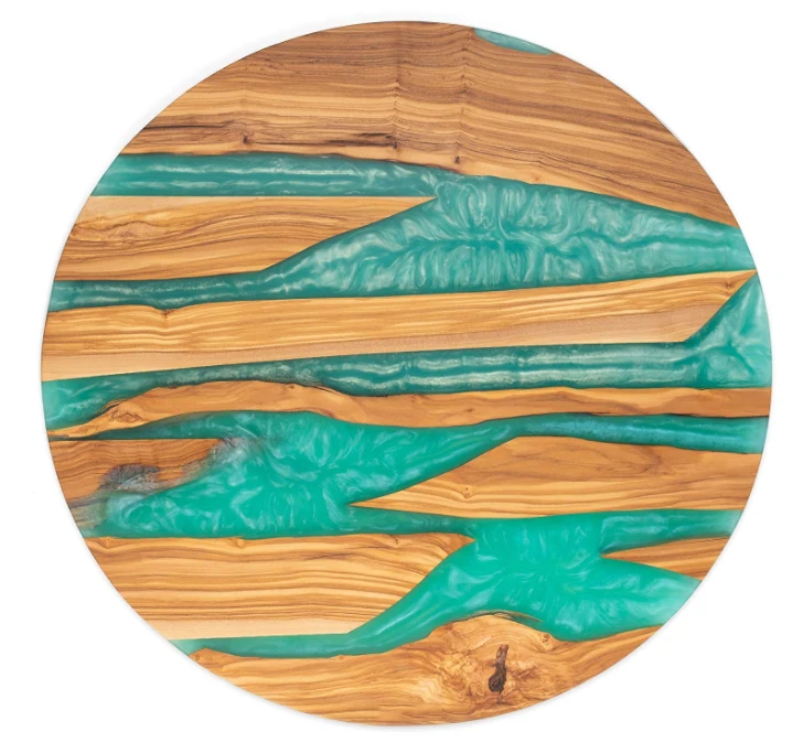 Olive wooden round cutting board with resin river, olive wooden cheese serving board