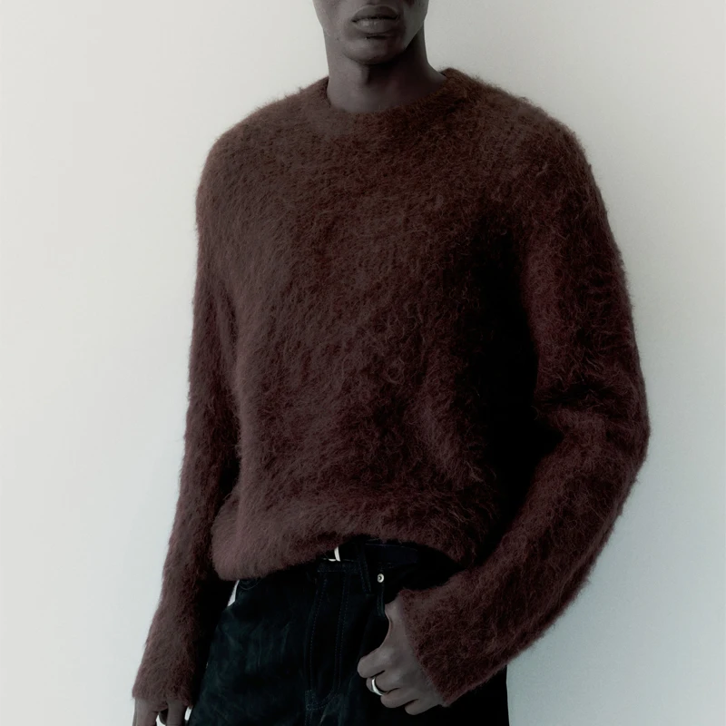 Knitwear Manunfacturers Custom Wholesale New Design Fluffy Boxy Fit Alpaca Blend Knitted Pullover Sweater Men