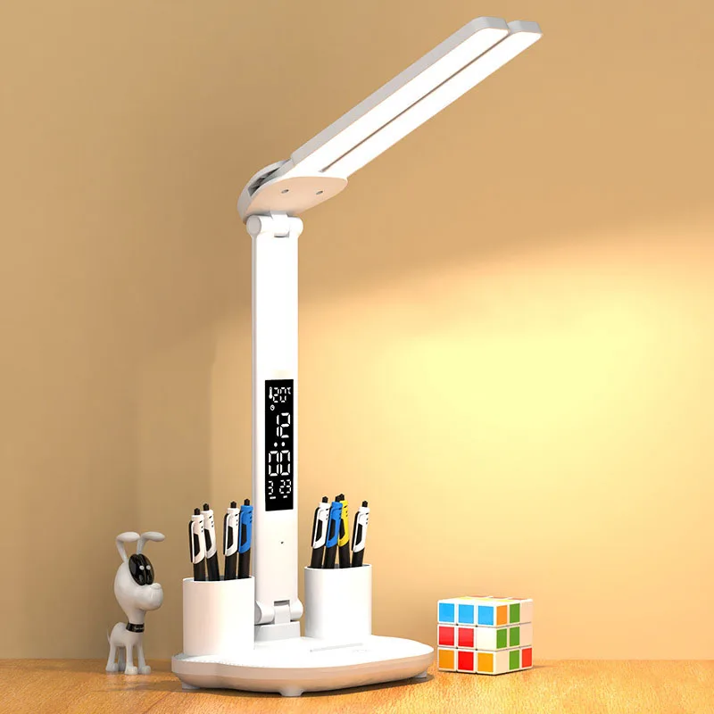 Foldable LED Desk Lamp Multifunction Table Lamp with Calendar Touch Night Light with Pen Holder for Bedroom Study Reading Lamp