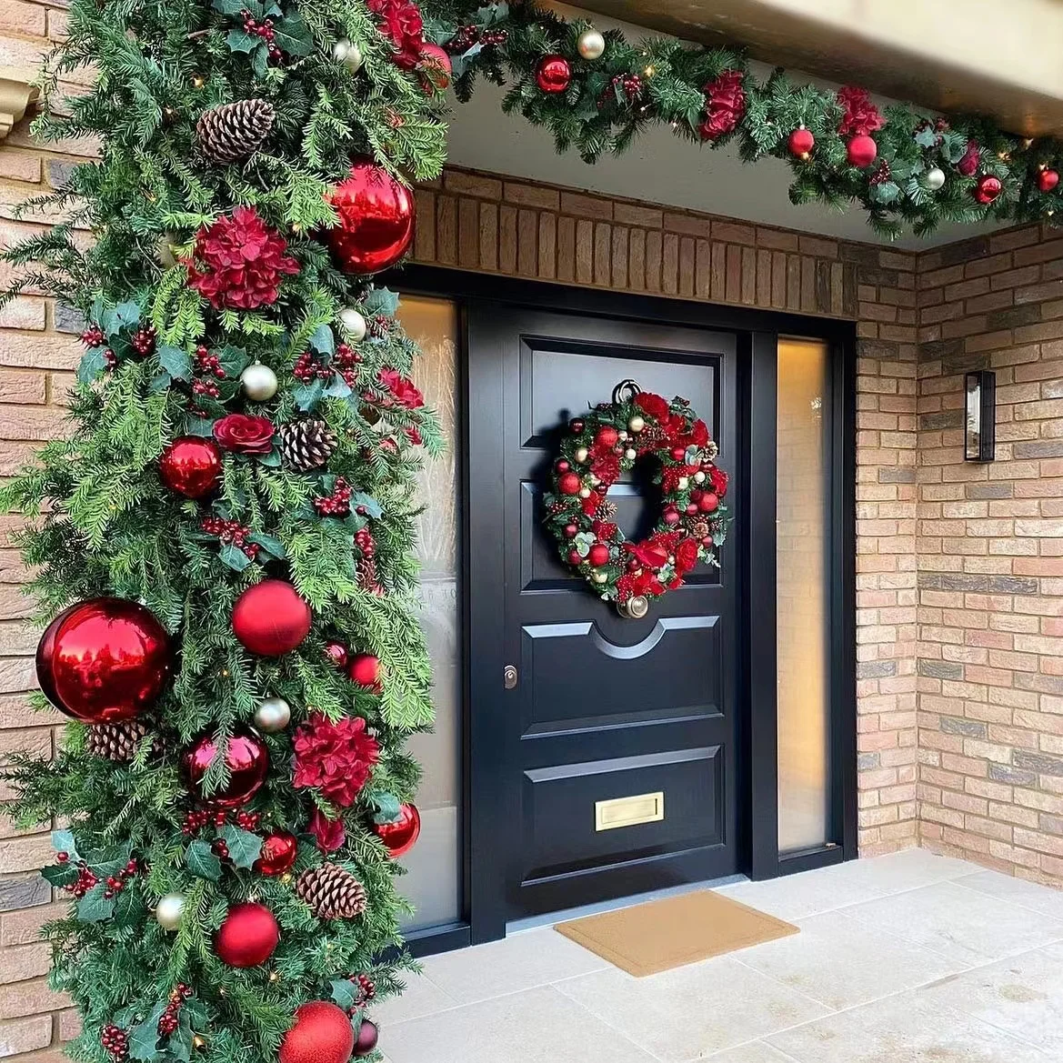 2024 New Year Christmas Ornament Holiday Decoration Bowknot Pine Cone Red Ball Christmas Wreath For Front Door