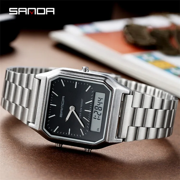 Sanda 747  Business Men Watches Waterproof Casual Watch Stainless Steel Digital Wristwatch Clock Relogio Masculino