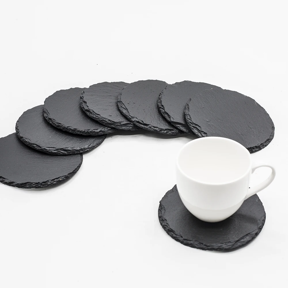 Direct Factory Cheap Price Natural Black Stone Slate Round Coaster with Non-Slip EVA Feet