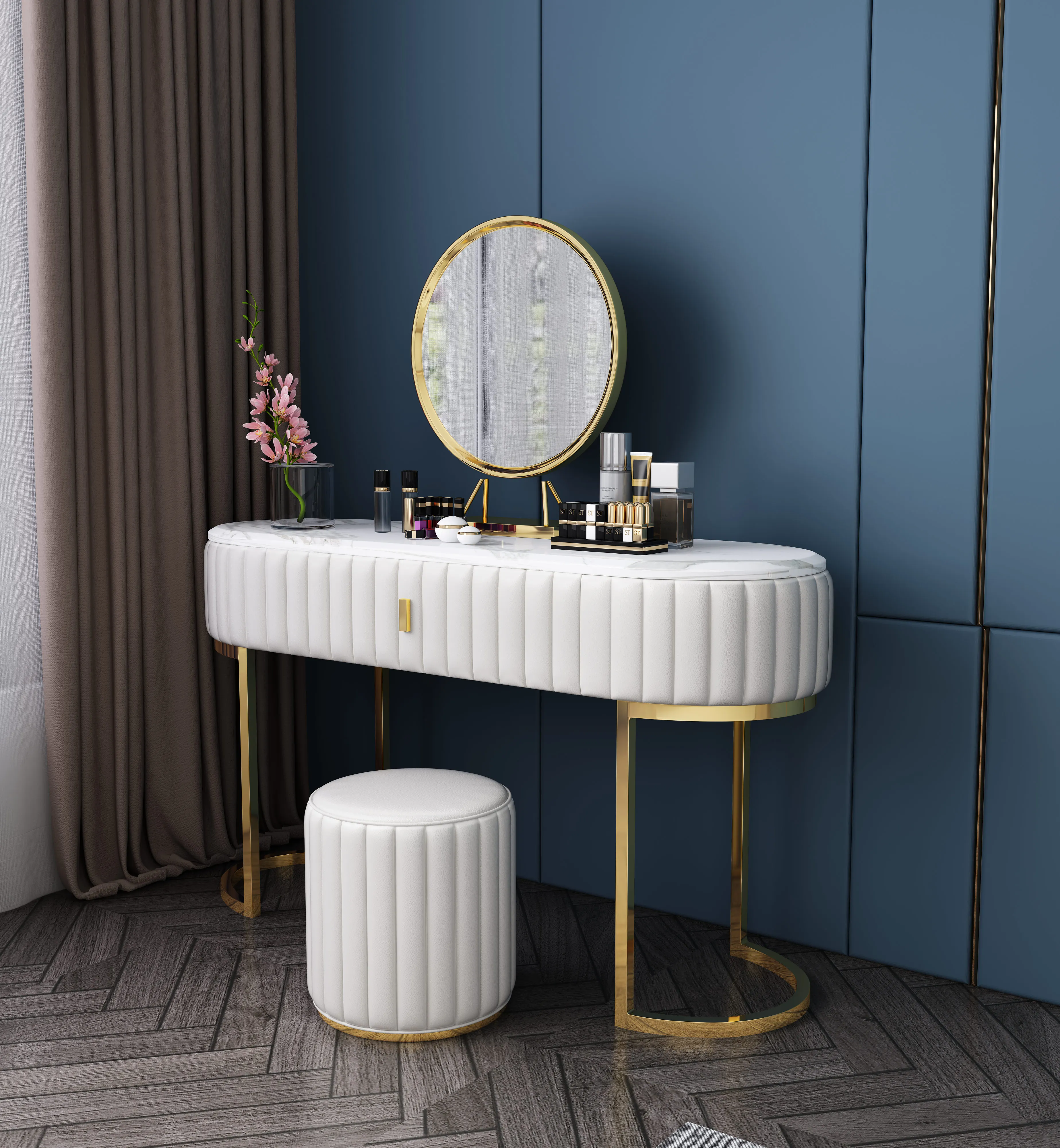 Luxury White Dressing Table With Mirror and Stool, vanity table Set 4 Drawers Bedroom Dresser