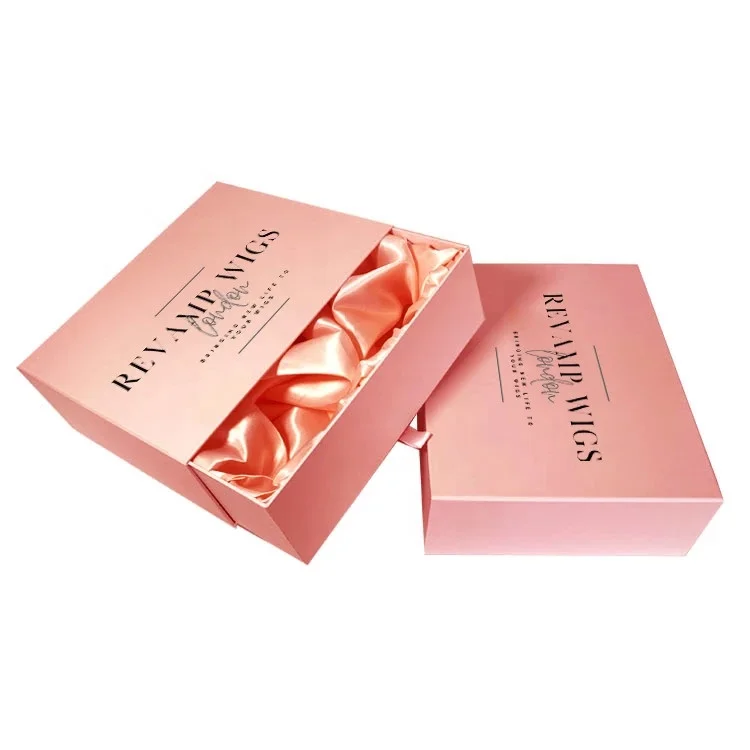 High Quality Pink Rectangle Sliding Wig Box With Satin Insert
