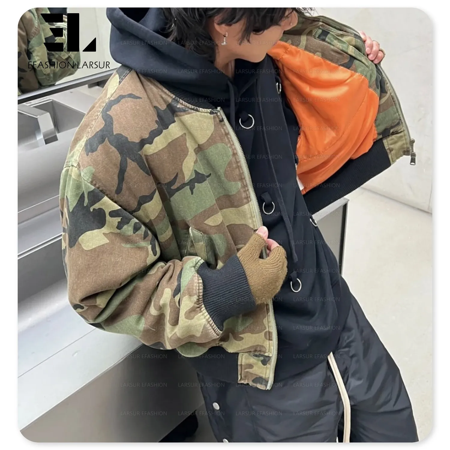 LARSUR Custom factory sun faded cotton twill camo quilted puffer jacket distress vintage wash camouflage crop bomber jacket