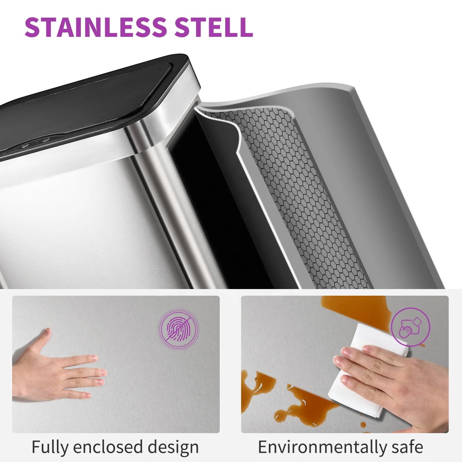 50L 13 Gallon Rectangular Vibration Sensor Waste Bin Stainless Steel Smart Garbage Can With Soft Lid