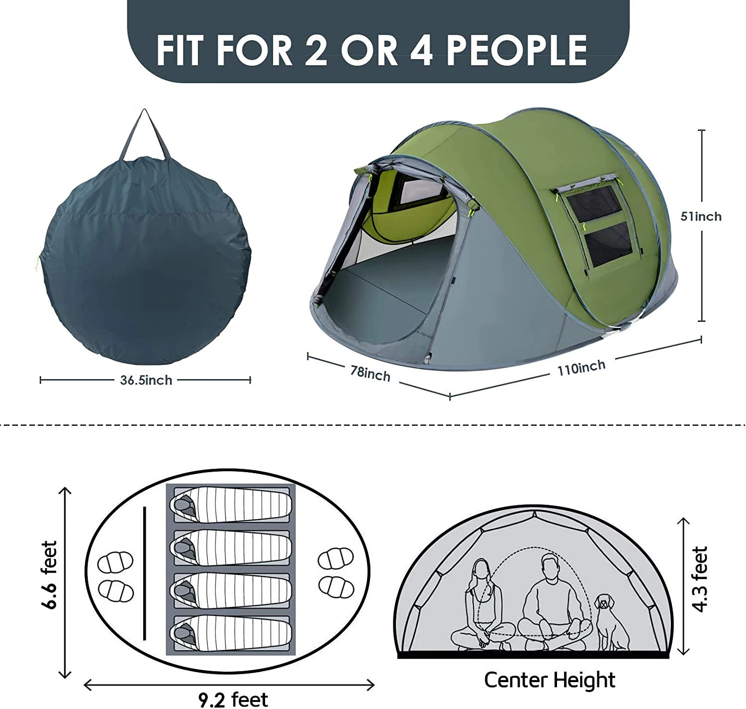 WOQI Wholesale Hot sale Camping Hiking Waterproof Automatic Setup 2 Doors Instant Pop Up camp tent outdoor glamping