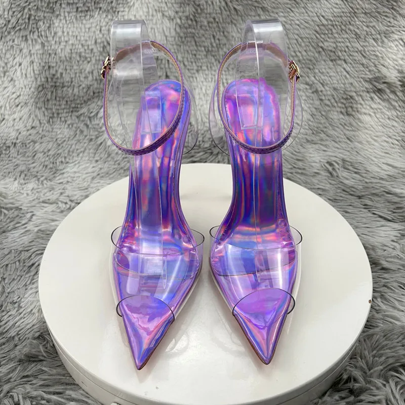 Laser Purple Women Sexy Summer Sandals PVC Pointed Toe Shoes  Newest Slingback Shoes Thin Heels Party Ankle Buckle Ladies
