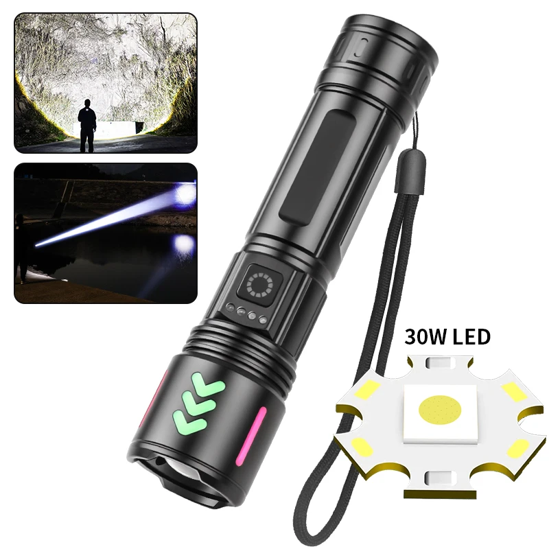 30w LED 1000m Flashlight USB Type-C Rechargeable Power Bank IPX4 Waterproof Camping Bright Tactical Flashlight