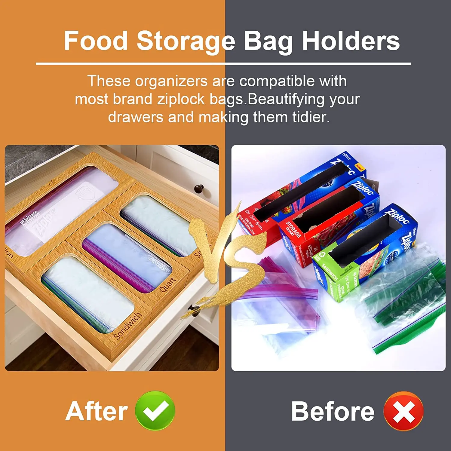 Product Luxury Combination Stained Containers Separate Bamboo Ziplock Bag Storage Organizer For Kitchen Fridge Drawer