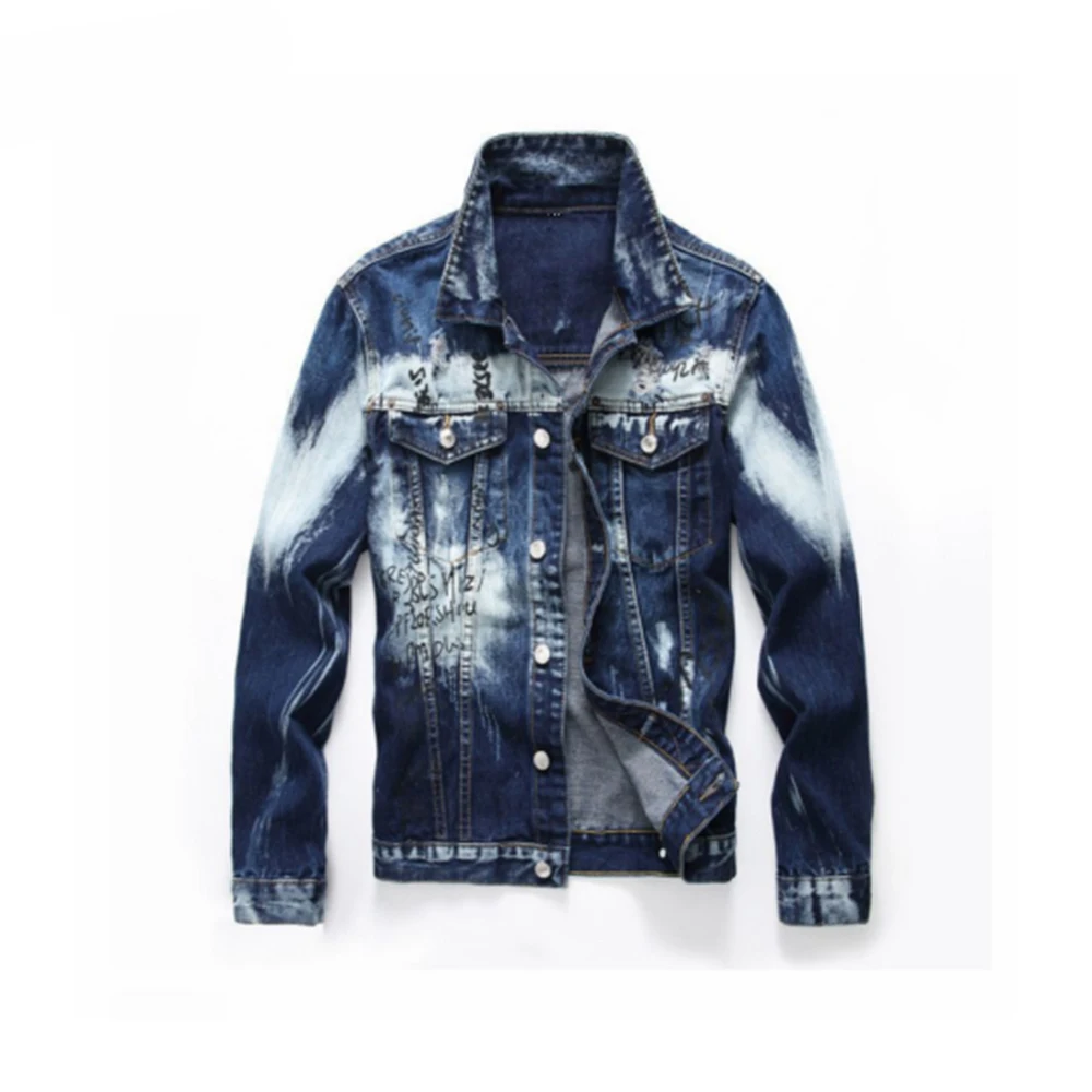 New arrivals custom fashion printed slim dark blue denim jacket men