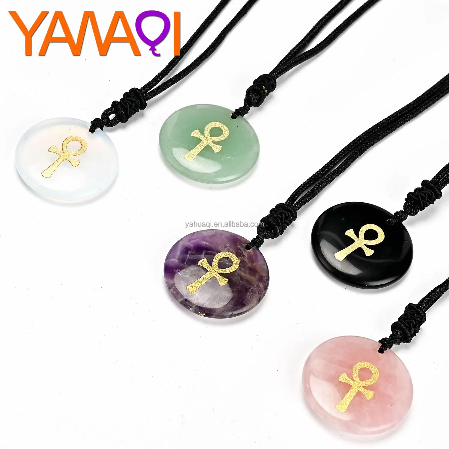 wholesale natural crystal religious jewelry pendants round carved sign of life ankh cross chakras Necklaces