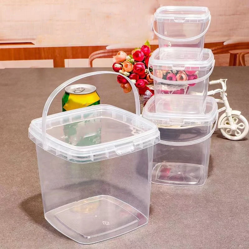 Empty 150ml 350ml 500ml 750ml 1000ml Square Plastic Buckets Transparent Pail With Handle for Packing Food
