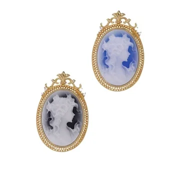 Customized S925 Silver Gold Plated Zircon Jewelry 3D Carved Black Agate Cameo Girl Portrait Brooch Pendant