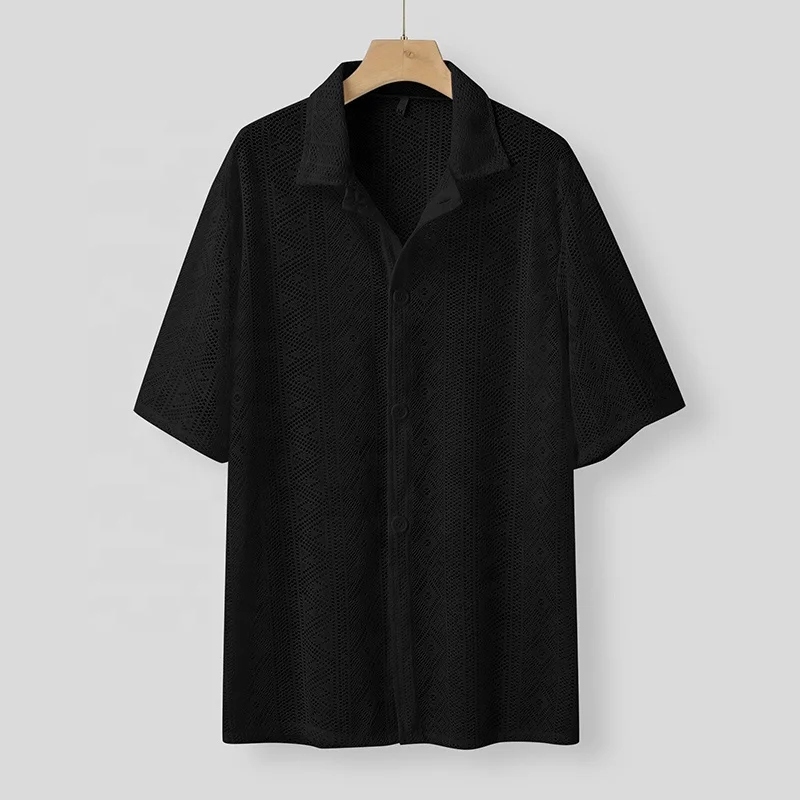 Mens Button Up Shirts Transparent Crochet Lace Blouse Knit See Through Hooded Tee Fishnet Top Black Hoodie White Shirt