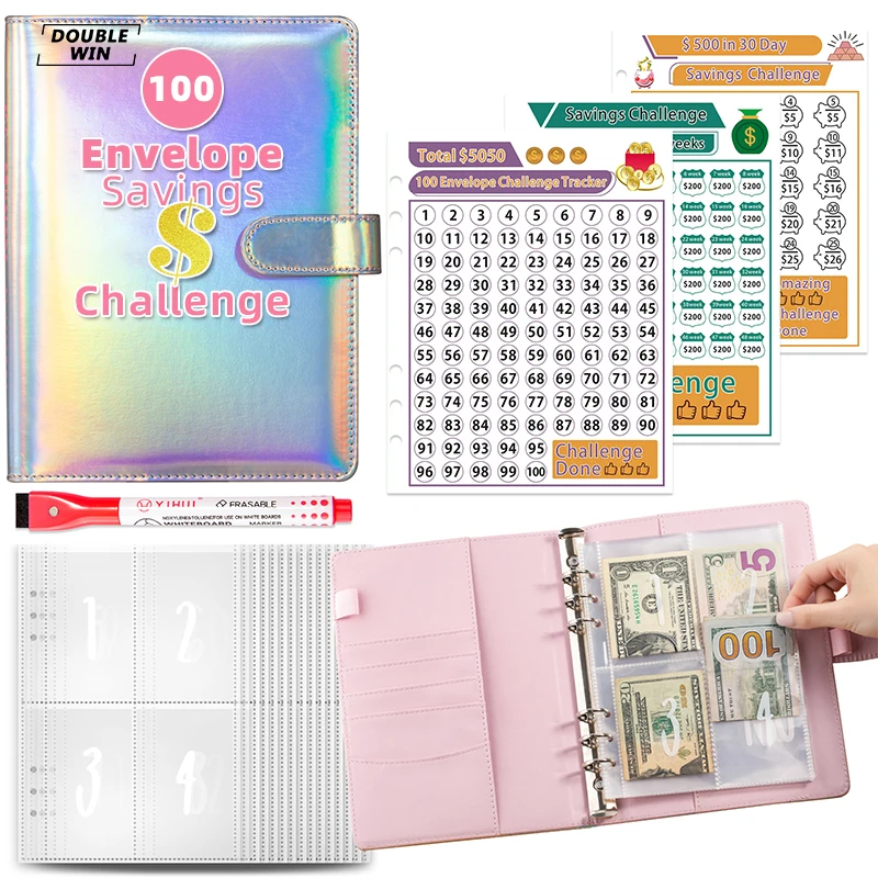 Custom Logo A5 A6 Pu Leather 100 Days Book Envelope Savings Challenge 5050 Money Ring Budget Binder
