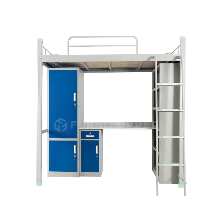 Dorm Metal Bunk Bed Full Size Steel Loft Bed with Desk and Wardrobe for Teens Adults Bedroom
