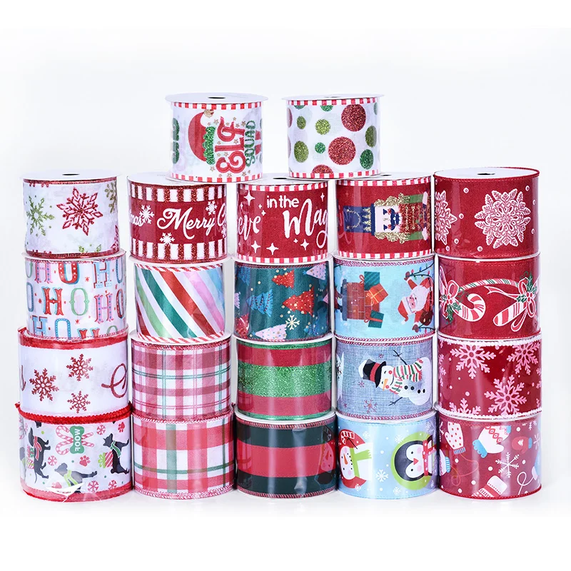 Ribest Customize Linen Stripe Gingham Check Plaid Christmas Wired Edge Ribbon  Holiday Party Garland DIY 2.5Inch X 3Yard