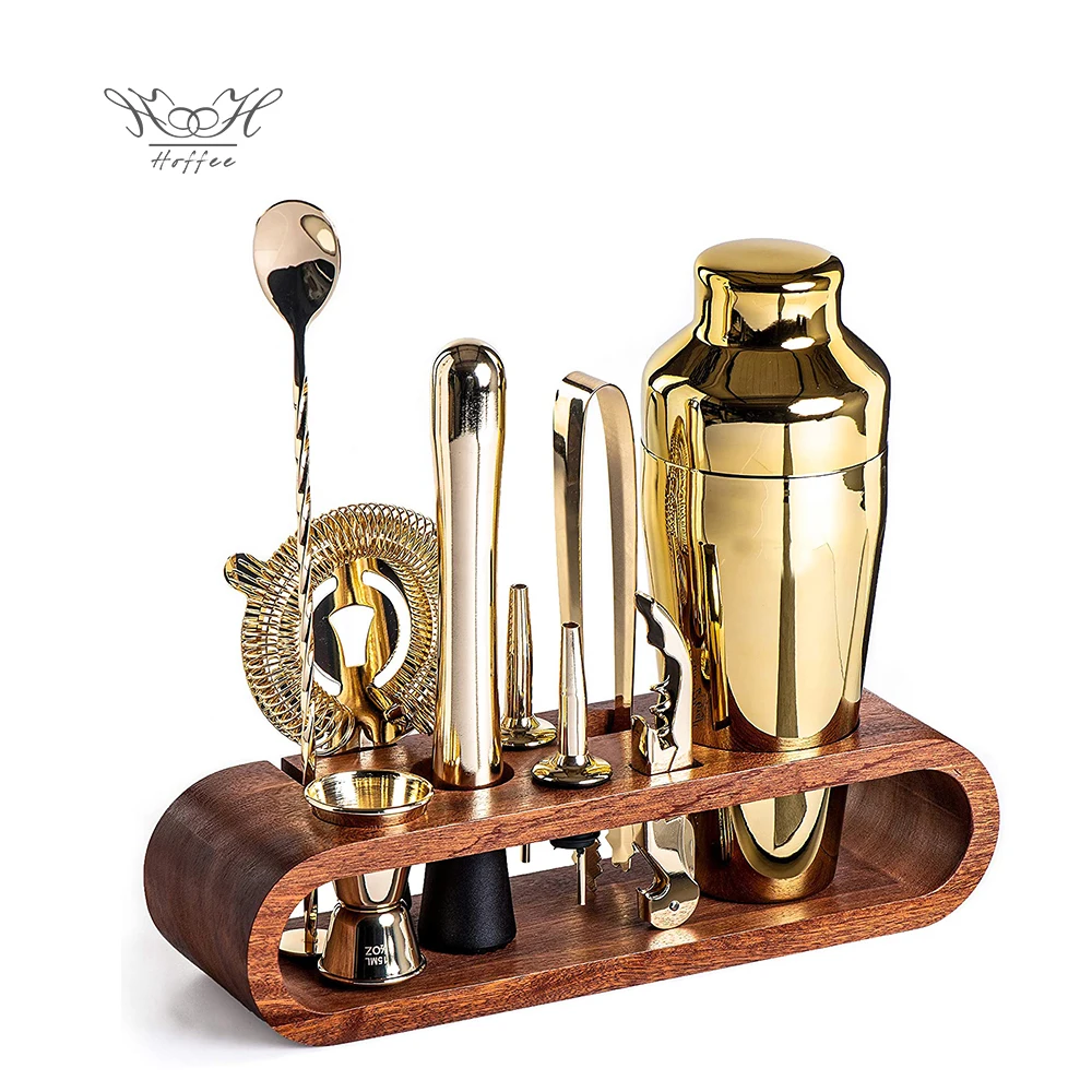 10pcs Gold Cocktail Shaker Set With Stylish Bamboo Wood Stand Bartender Tool Kit Bar Accessories Stainless Steel Cocktail Kit