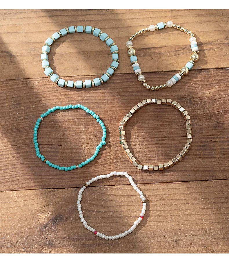 Cheap Wholesale Bohemia Style Seed Beads Bracelet Set 5pcs/set Handmade Boho Beaded Stretch Bracelet for Female