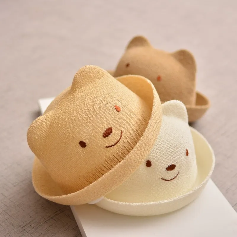 Summer Children Straw Sun Hats Cute Bear Ear Cap for Kid  Beach Sunshade Hat Boys Girls Hats