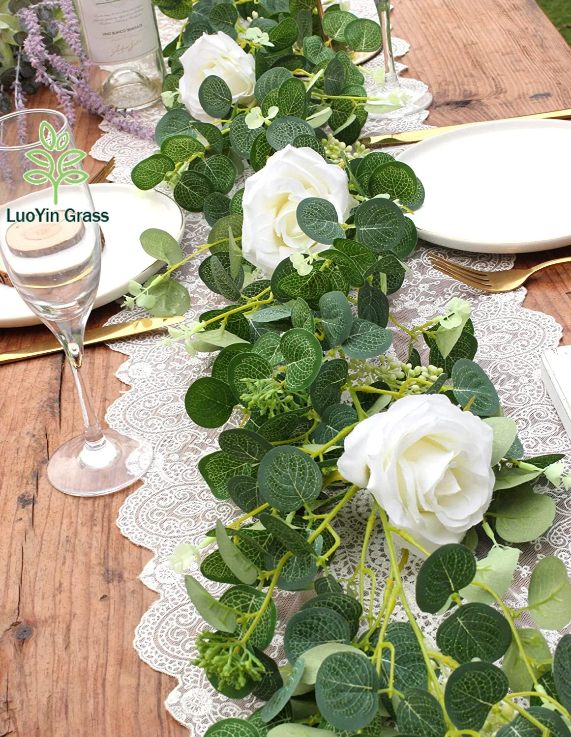 Eucalyptus Garland with White Ross 6Ft Artificial Vines Faux Silk Greenery Eucalyptus Leaves for Wedding Backdrop Decor