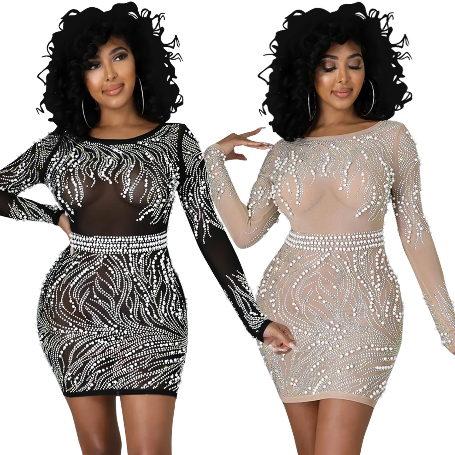 2022 New Arrivals Women Long Sleeve Floral Hot Drilling Night Dress Ladies Sexy Clear Transparent Bodycon Backless Club Dresses