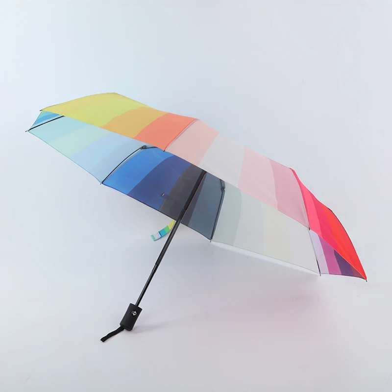 53.5cm Full Automatic  Rubber Coating Handle Fiberglass Frame Windproof Rainbow Colorful Pongee Fabric 3 Three Folding Umbrella