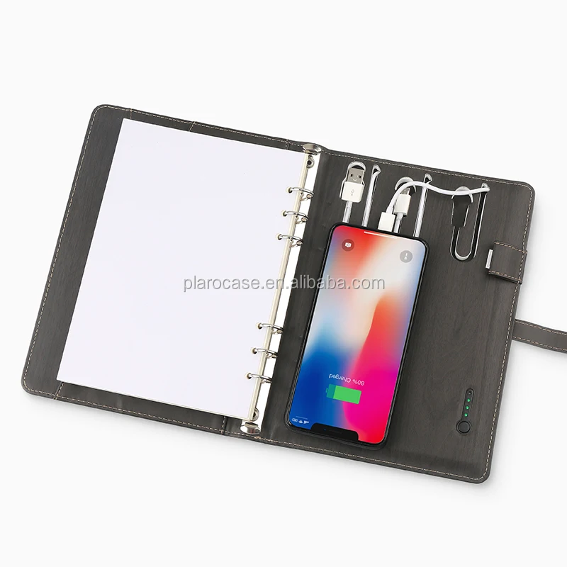 Power Bank Diary A6 A5 Custom Leather Note Book with Pen Holder USB Lock