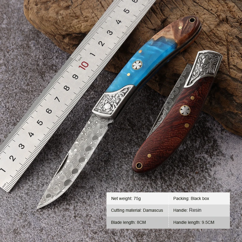Free Sample High Quality 3.15 Inch  Damascus Blade EDC Pocket Folding Knife With Resin Rose Wood Handle For Hunting Camping