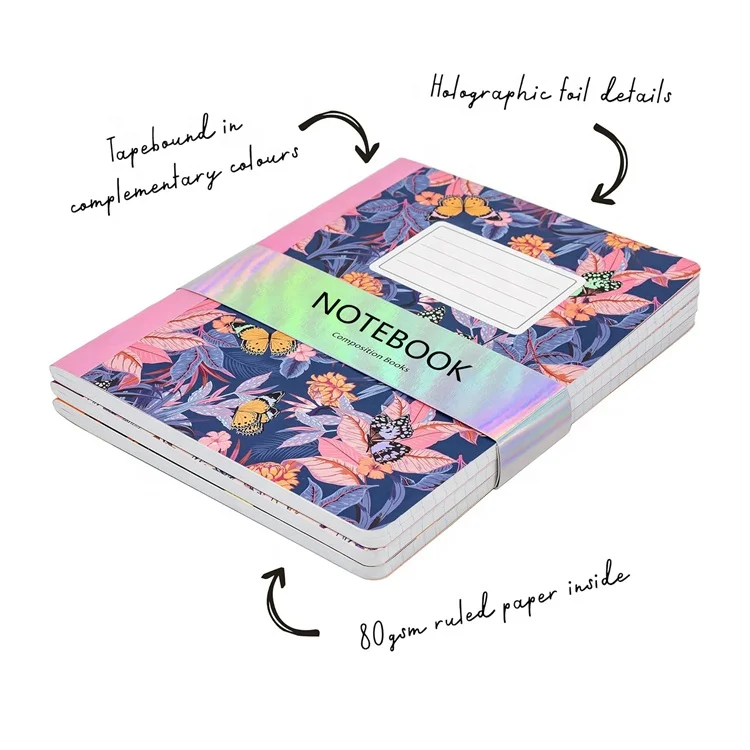 Fashionable Beautiful Floral Pattern Sturdy Cover 80GSM Paper 140 Pages A4 Binder Composition Notebooks Stationary