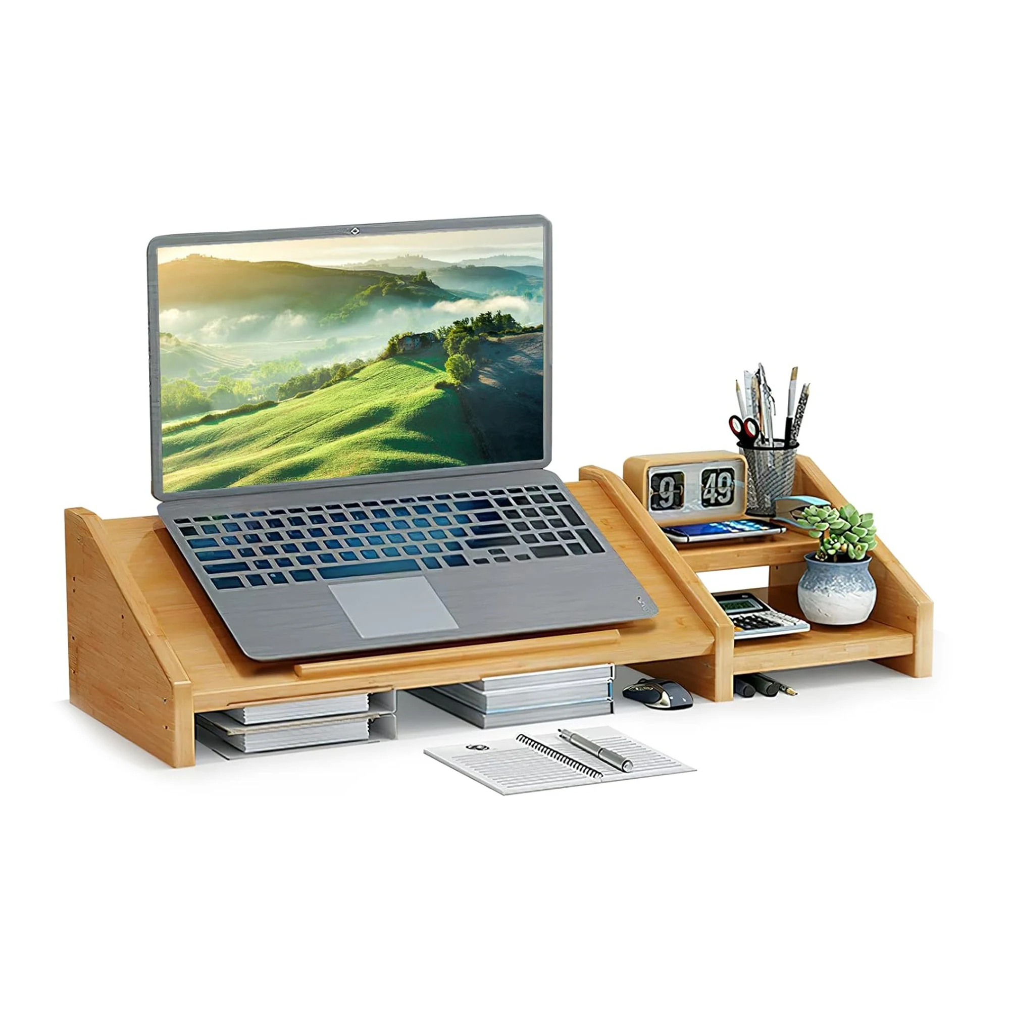 2-Tier Bamboo Desk Monitor stand riser Desk Storage Organizer For Home And Office Computer Desk Laptop Cellphone