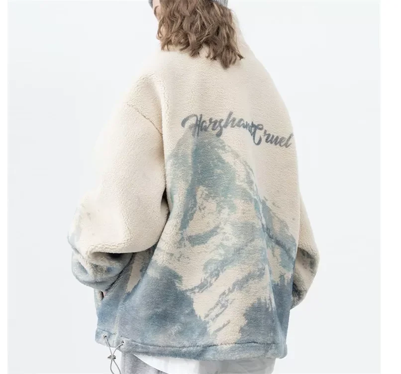 OEM custom winter 100%wool all over printed oversized sherpa fluffy fleece jacket for men