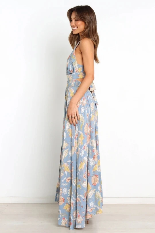 Wholesale Cheap Factory Summer Boho Sexy Floral Dress Women Casual Beach Maxi Chiffon Sleeveless Strap Dresses