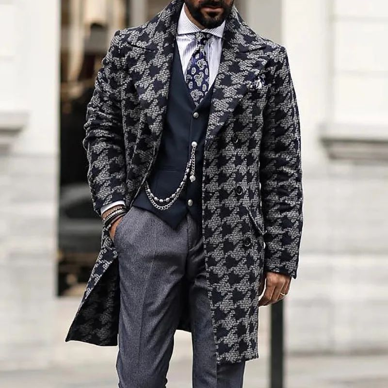 2022 Winter Men Medium Long Woolen Fashion Printed Suit Collar Single-breasted Overcoat Casual Coat For Men