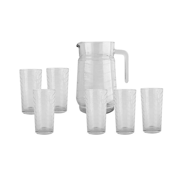 Good quality daily restaurant clear glass water jug set 6pcs 9oz glass and jug with lid