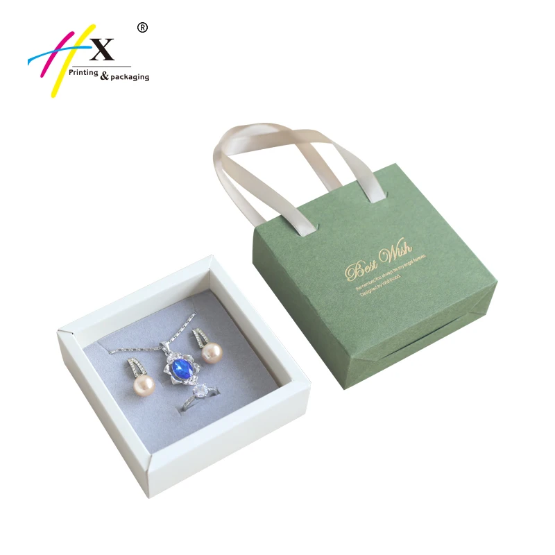 Drawer Design Paper Box Ribbon Carrying Handle Custom Logo High End Gift Packaging Necklace Ring Earring Jewelry Packaging Box