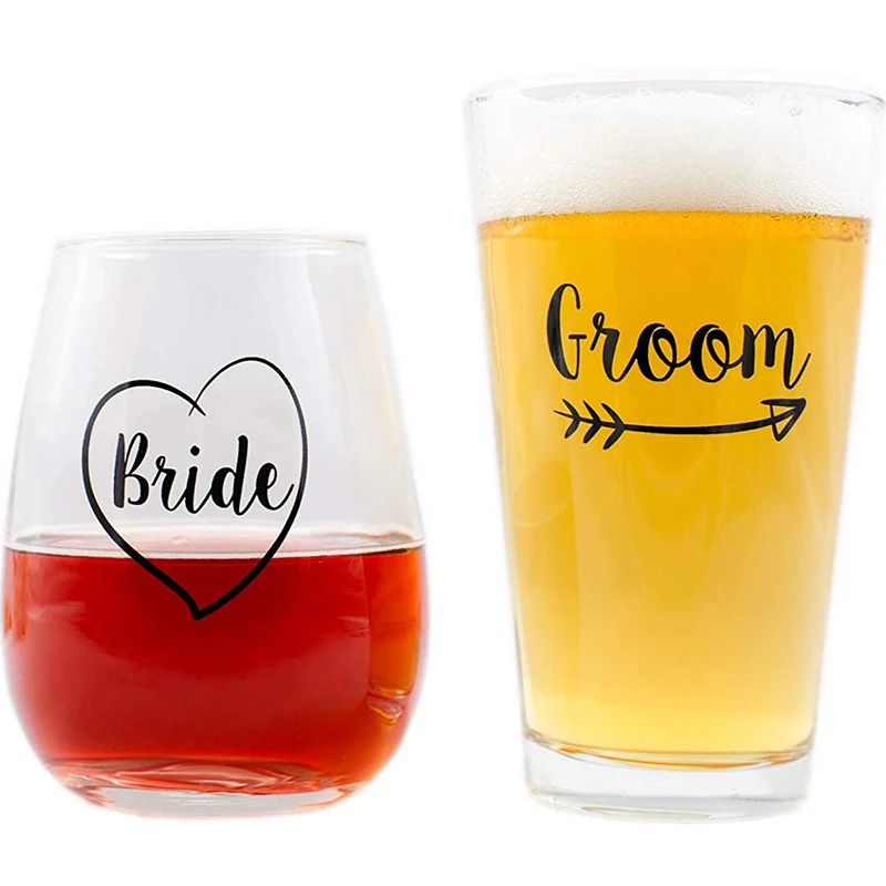 Wholesale Customized Cute Wedding Gifts Decaled Stemless Wine Glass and Beer Glass Combo - Engagement Gift for Couples