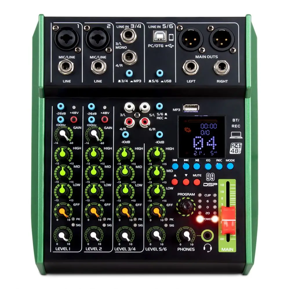 OEM 6 Channel USB portable Audio Mixer console Mini studio recording Family KTV DJ 48v USB BT sound mixer