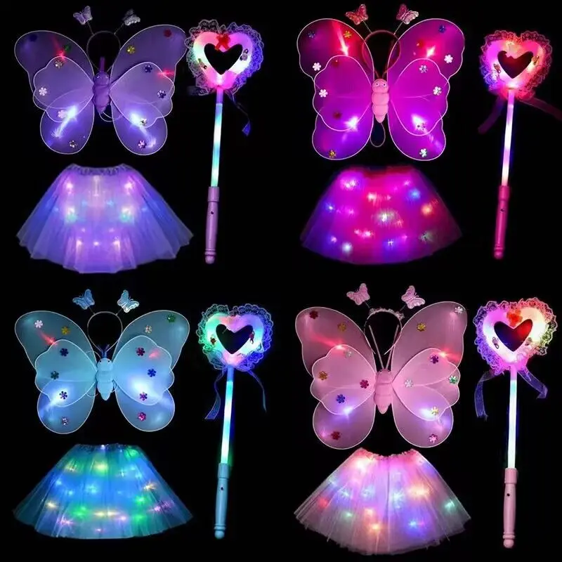 Child Angel Glowing Butterfly Wings Back Ornament Toy Little Girl Magic Wand Show Fairy Princess Pink Dress