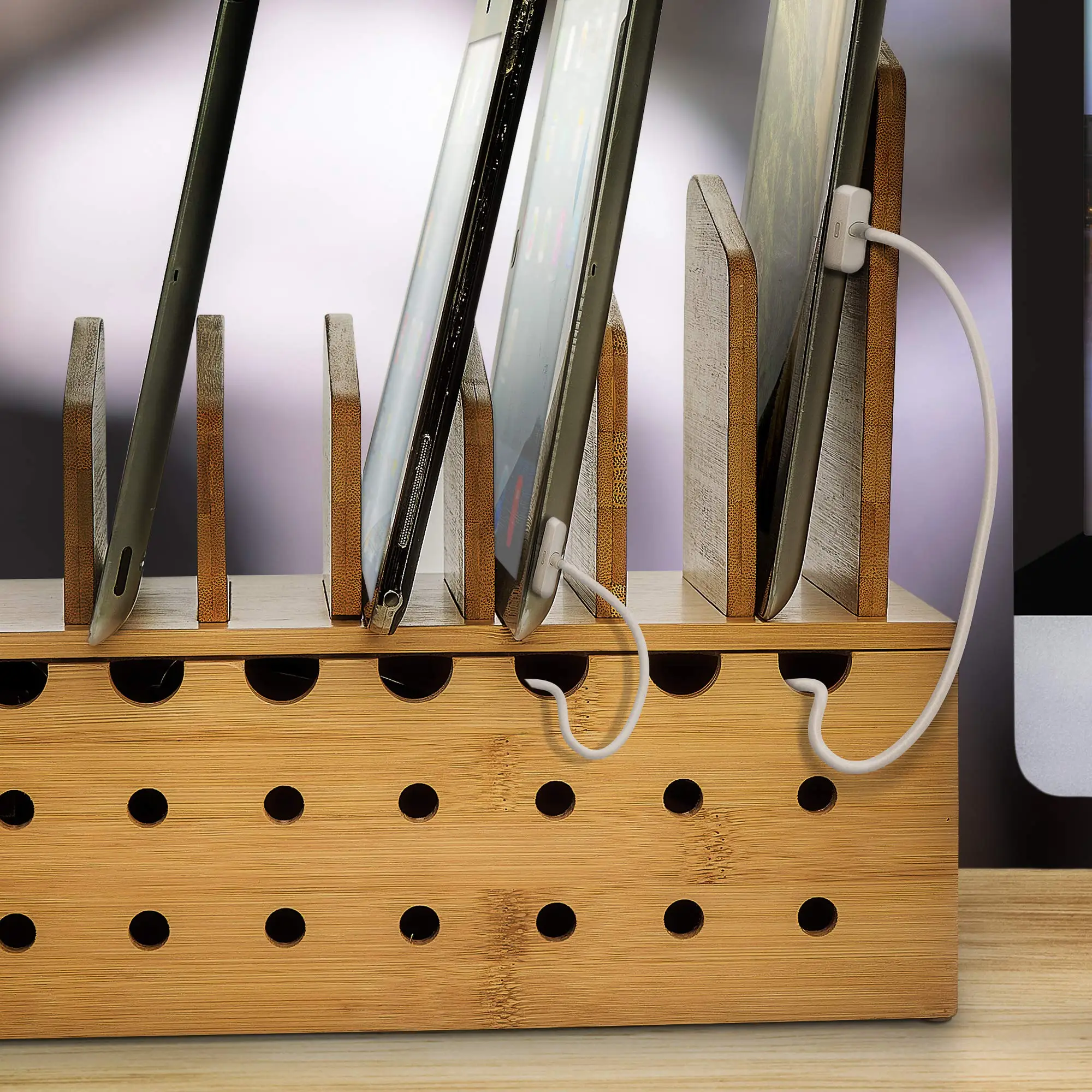 Custom10 Device Bamboo Cell Phone Charging Stations Dock Clutter Organizer Charging Stand Bamboo Wood Table Rack Holder