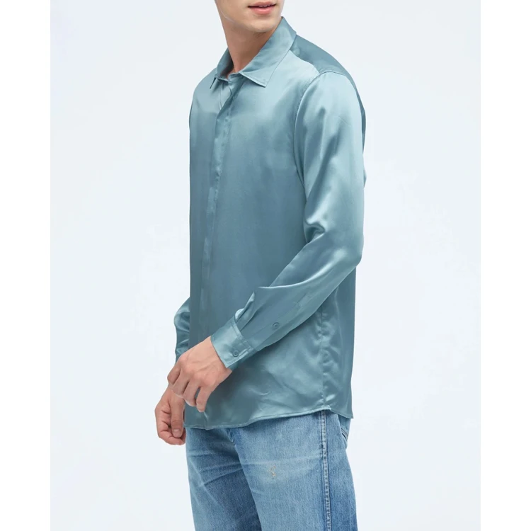 High quality luxury 100% mulberry silk shirt men custom logo business top silk shawls mens silk shirt